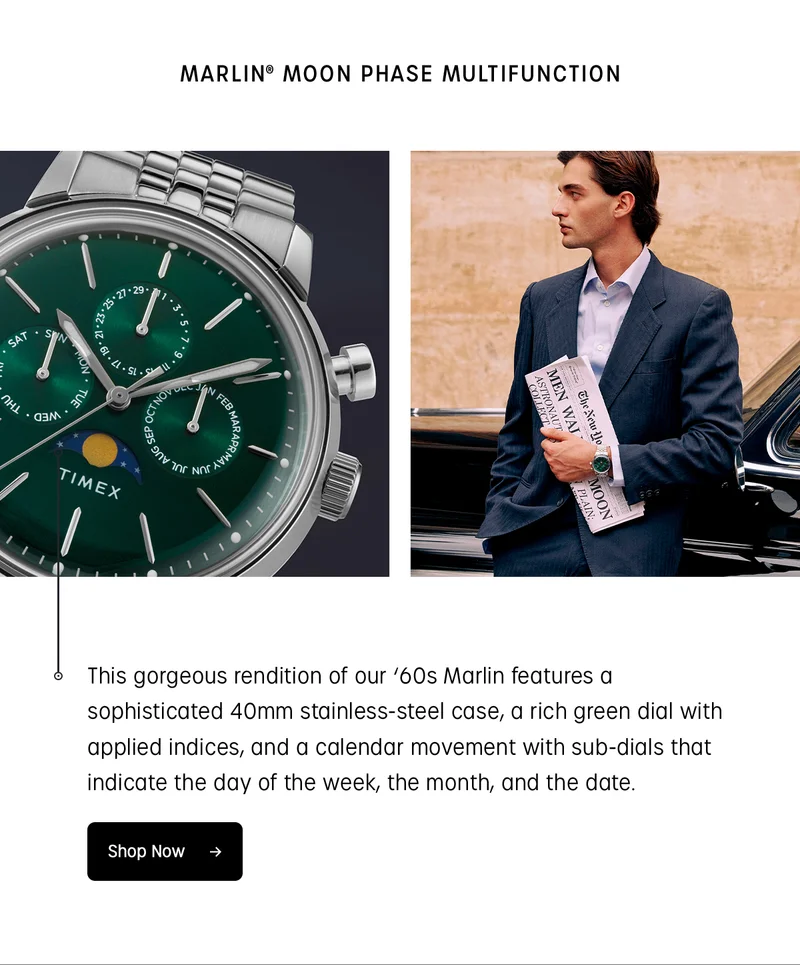 MARLIN MOON PHASE MULTIFUNCTION | This gorgeous rendition of our '60s Marlin features a sophisticated 40mm stainless-steel case, a rich green dial with applied indices, and a calendar movement with sub-dials that indicate the day of the week, the month, and the date. | Shop Now