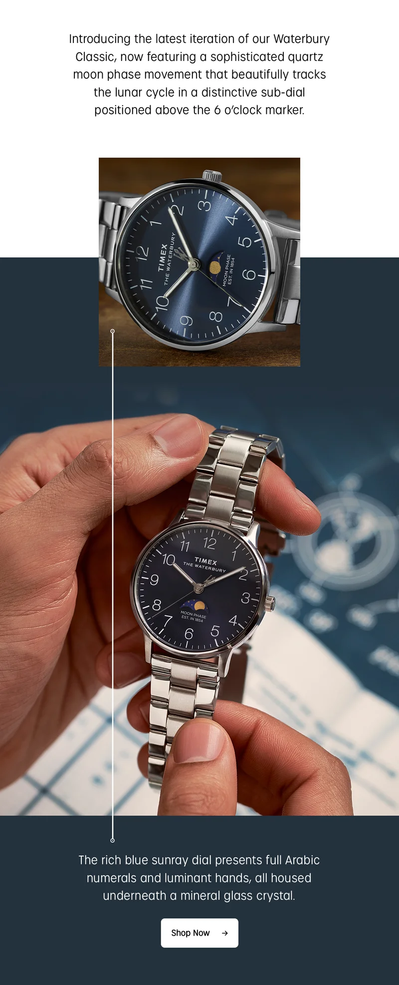 Introducing the latest iteration of our Waterbury Classic, now featuring a sophisticated quartz moon phase movement that beautifully tracks the lunar cycle in a sensitive sub-dial positioned above the 6 o'clock marker | The rich blue sunray dial presents full Arabic numerals and luminant hands, all housed underneath a mineral glass crystal. | Shop Now