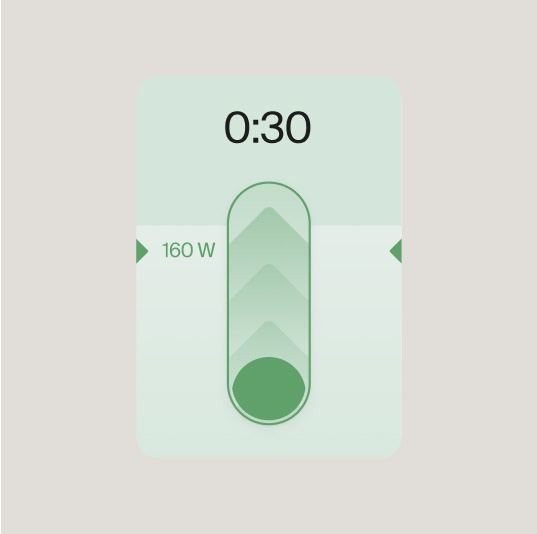 A digital interface showing a green slider with a timer set at 30 seconds and a power value of 160 watts.