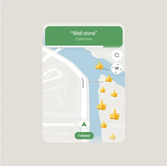 A map with a green banner at the top displaying “Well done” and a river view, featuring numerous thumbs-up icons scattered on the map.