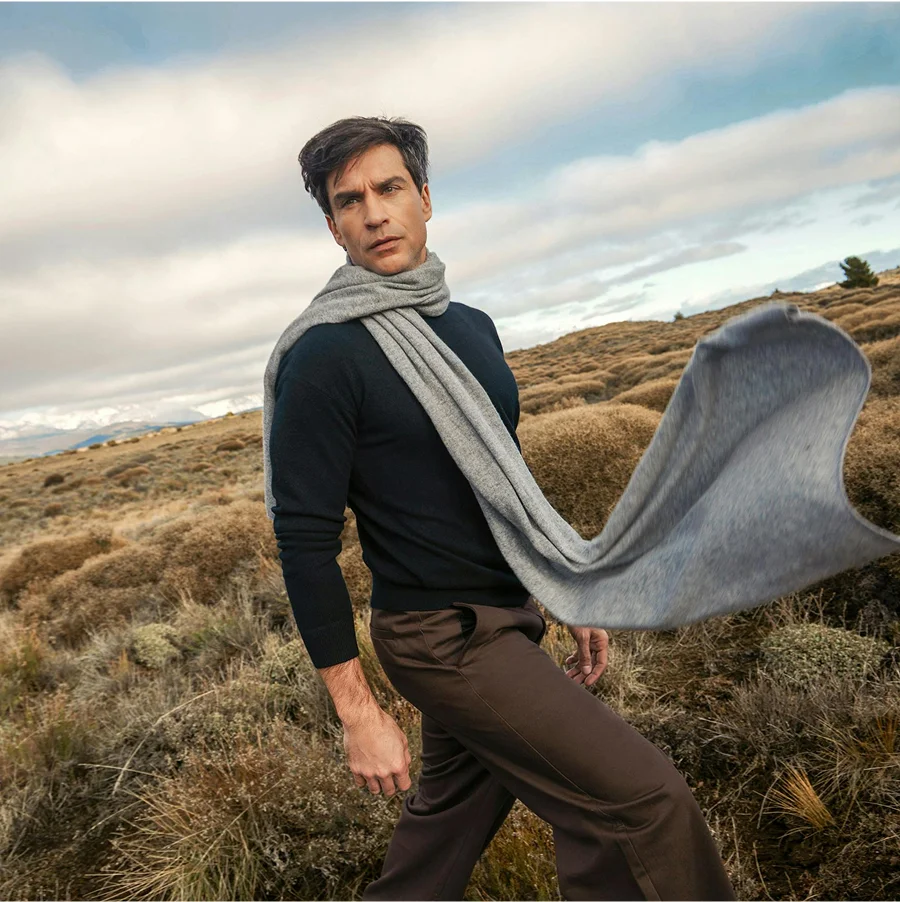 Image of man wearing cashmere scarf.