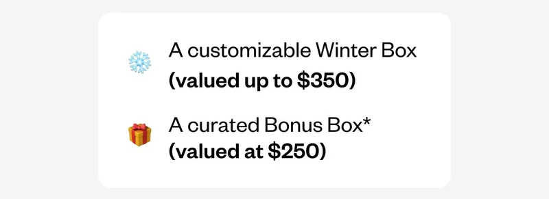 Your customizable Winter Box (valued up to $350) | Your curated Bonus Box (valued at $250)