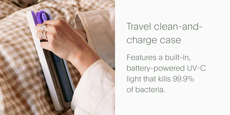travel clean-and-charge case - features a built-in, battery-powered uv-c light that kills 99.9% of bacteria.