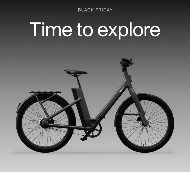 A graphic. Black Friday promotional graphic for a Cowboy cargo e-bike with the text “Go further.”