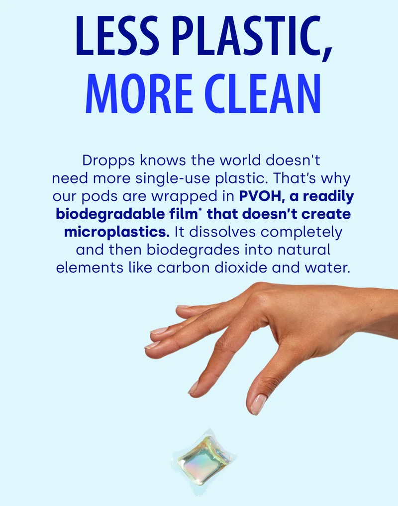 LESS PLASTIC, MORE CLEAN | Dropps knows the world doesn't  need more single-use plastic. That’s why  our pods are wrapped in PVOH, a readily biodegradable film* that doesn’t create microplastics. It dissolves completely and then biodegrades into natural elements like carbon dioxide and water.