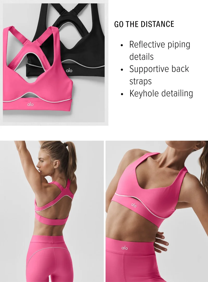 GO THE DISTANCE. Reflective piping details. Supportive back straps. Keyhole detailing