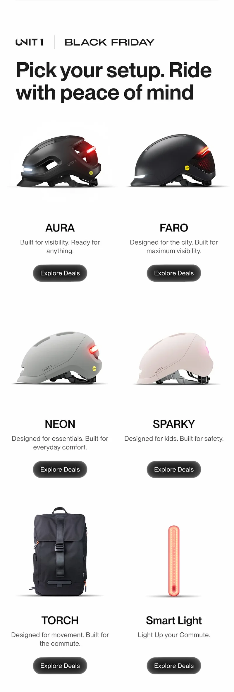 UNIT 1 Black Friday product lineup featuring AURA, FARO, NEON, SPARKY, TORCH Backpack, and Smart Light Pro Dual with Explore Deals buttons.