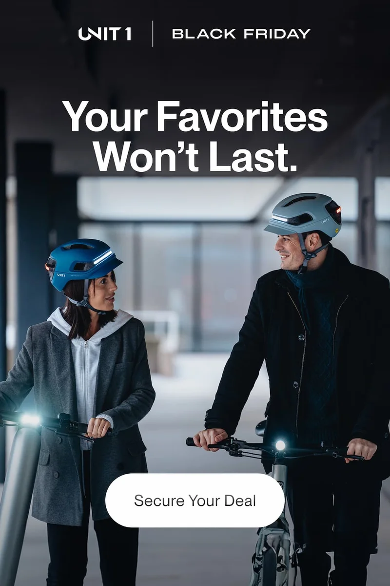 Two riders wearing UNIT 1 smart helmets during their commute with the text Black Friday and Your Favorites Won’t Last.