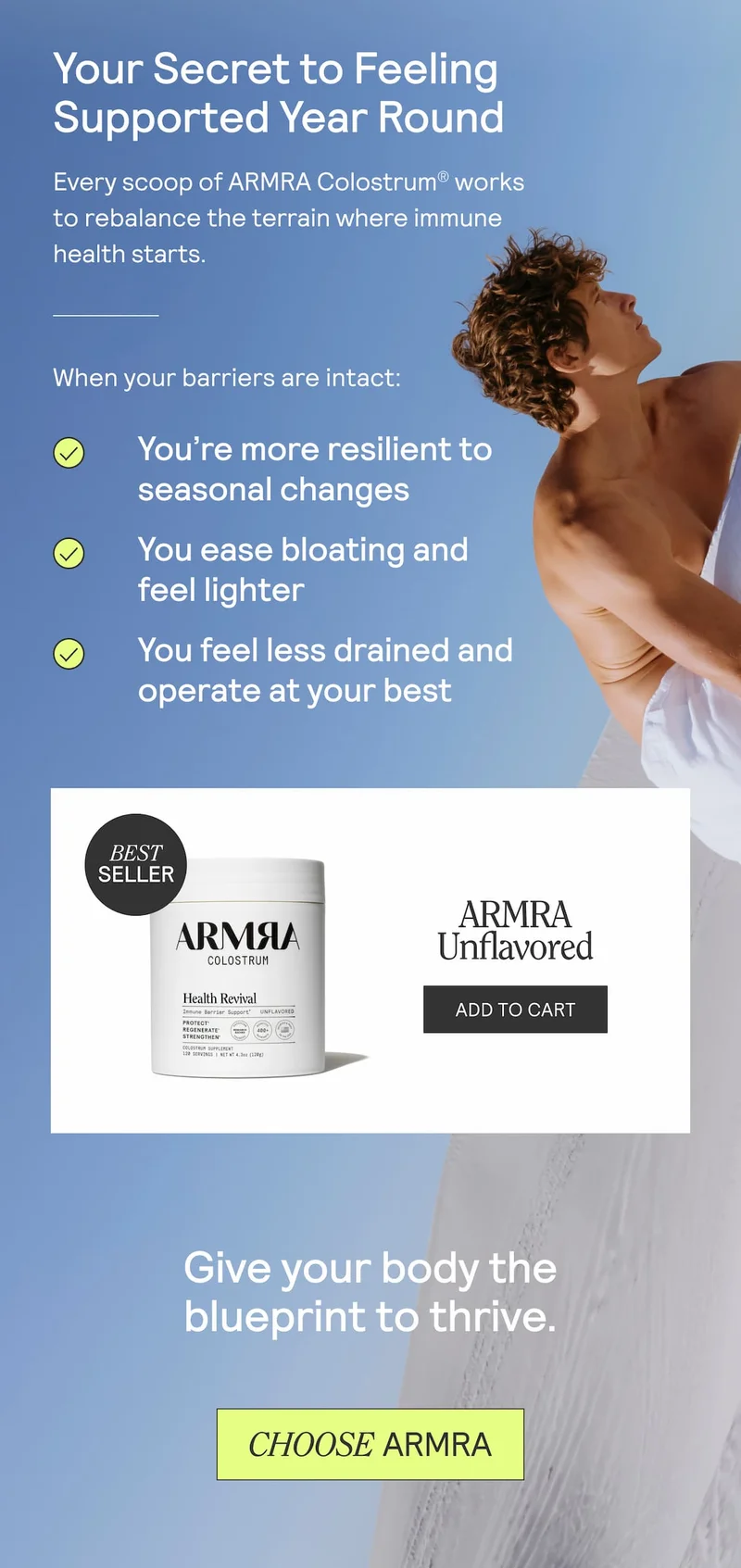 ARMRA Colostrum Unflavored Health Revival powder — labeled best seller. Text highlights benefits: resilience to seasonal changes, reduced bloating, increased energy. Button reads ‘Add to Cart.’
