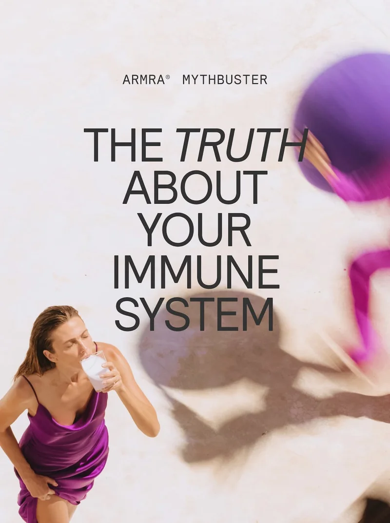 ARMRA Mythbuster banner showing a woman in a purple dress drinking colostrum. Text reads: ‘The truth about your immune system.’