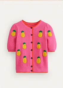 Embroidered T-Shirt Cardigan - Party Pink, Pineapples