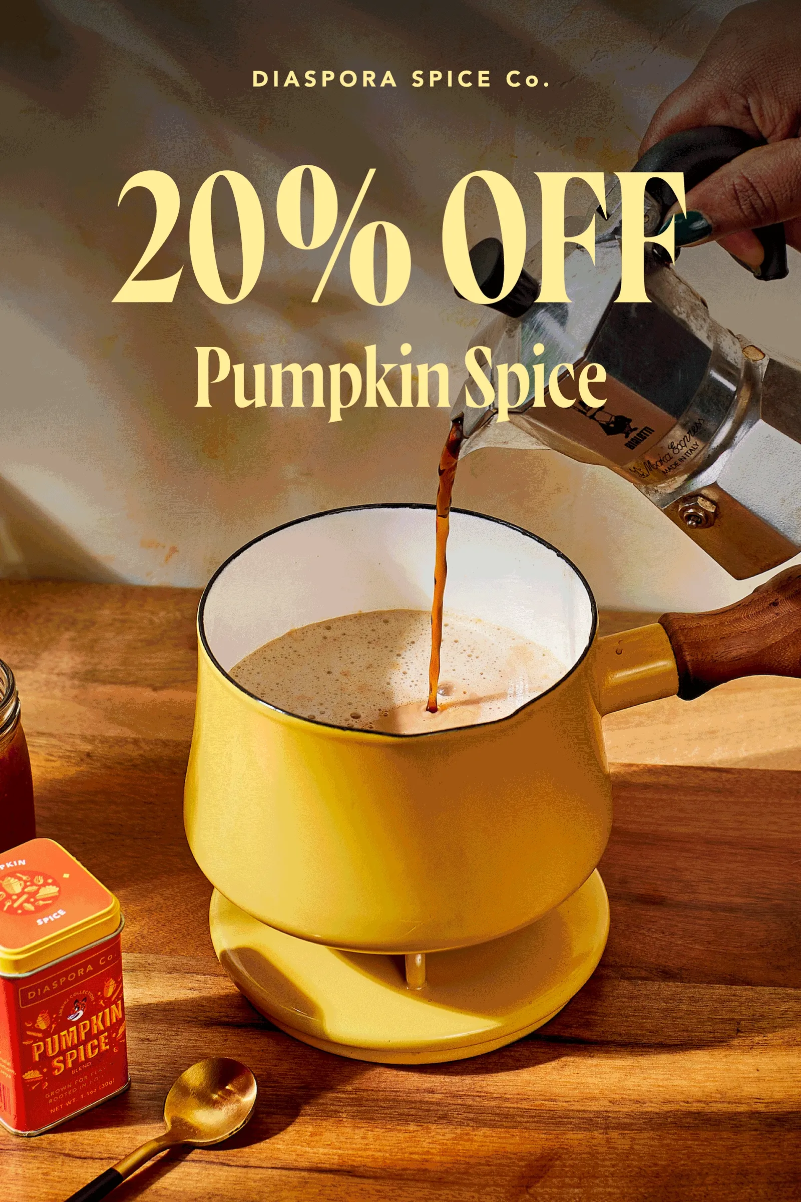 20% off hot cocoa, pumpkin spice, haldi doodh masala