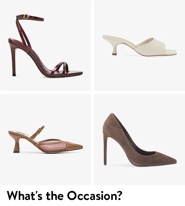 Brown high-heel sandal, brown medium-heel pump, white medium-heel slide and brown high-heel pump.