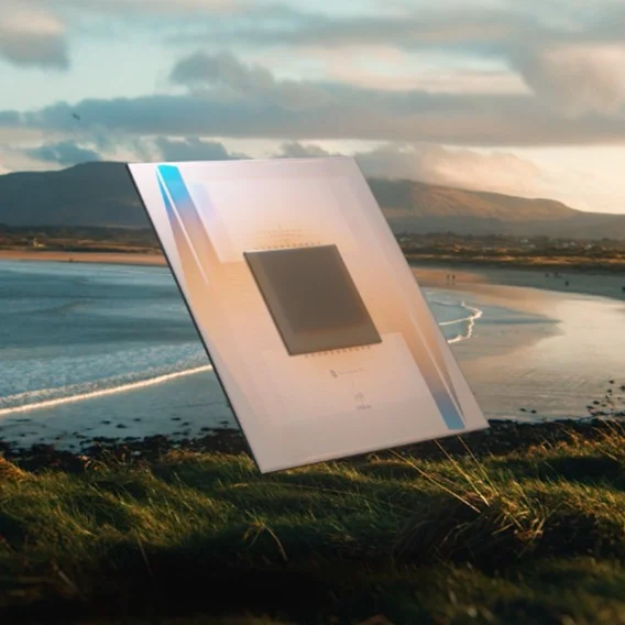 A close-up of a computer chip, rectangular and gleaming, hovers above a picturesque beach scene.