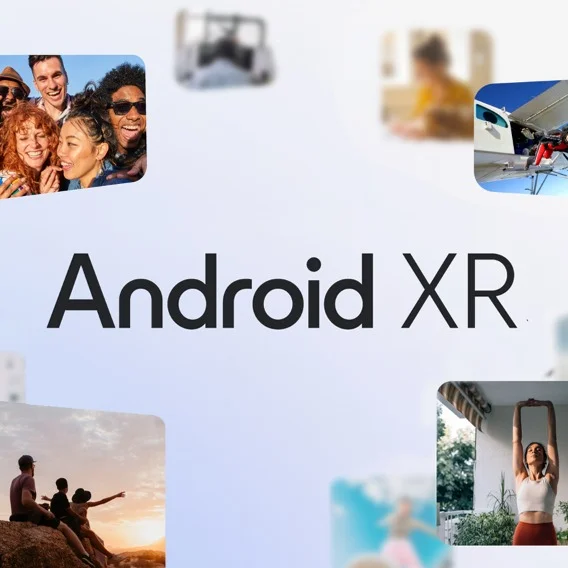 Collage of images showing people enjoying fireworks, a person walking through a field, people sitting on a mountain and more. The words “Android XR” are in the middle.