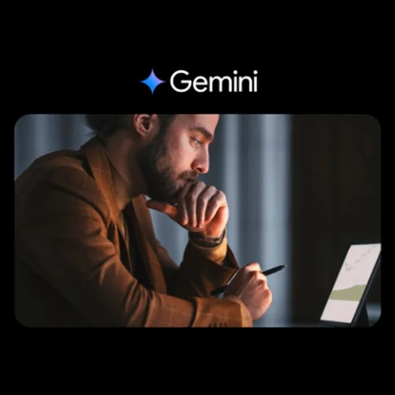 A person sits looking at a tablet screen while holding a stylus. Above the image is a blue star icon and the word “Gemini” in white against a black background.