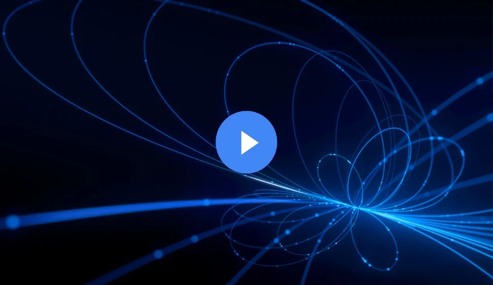A design showing a blue network of interconnected lines and glowing dots against a dark background.