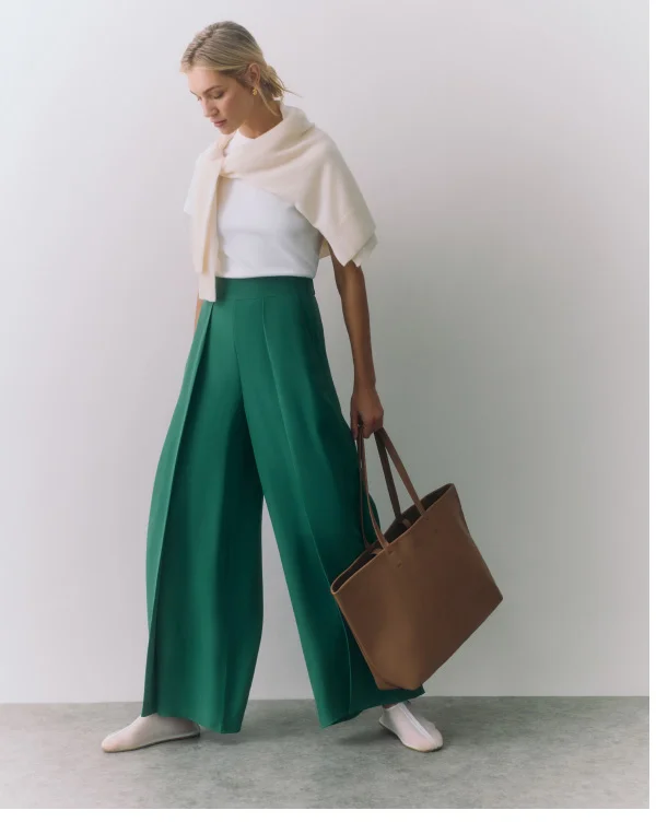 Sea Green Silk Pleated Pant and White Silk Tee