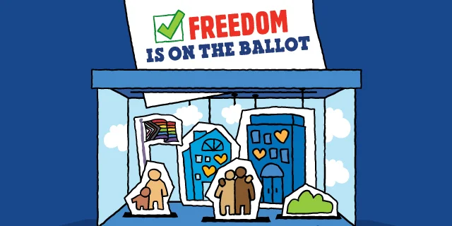 Illustration of a ballot box with a paper being put into it that reads, 'Freedom is on the ballot'. Inside the ballot box is a happy community with multi-racial people.