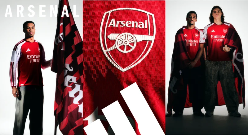 People wearing Arsenal FC soccer jerseys with Arsenal logo and adidas 3-stripes