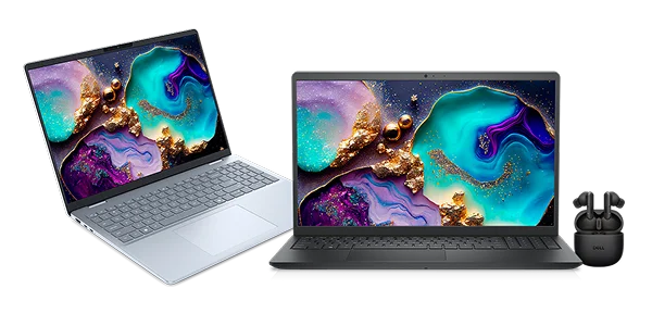 Two Dell laptop computers next to a set of earbuds.