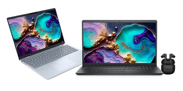 Two Dell laptop computers next to a set of earbuds.