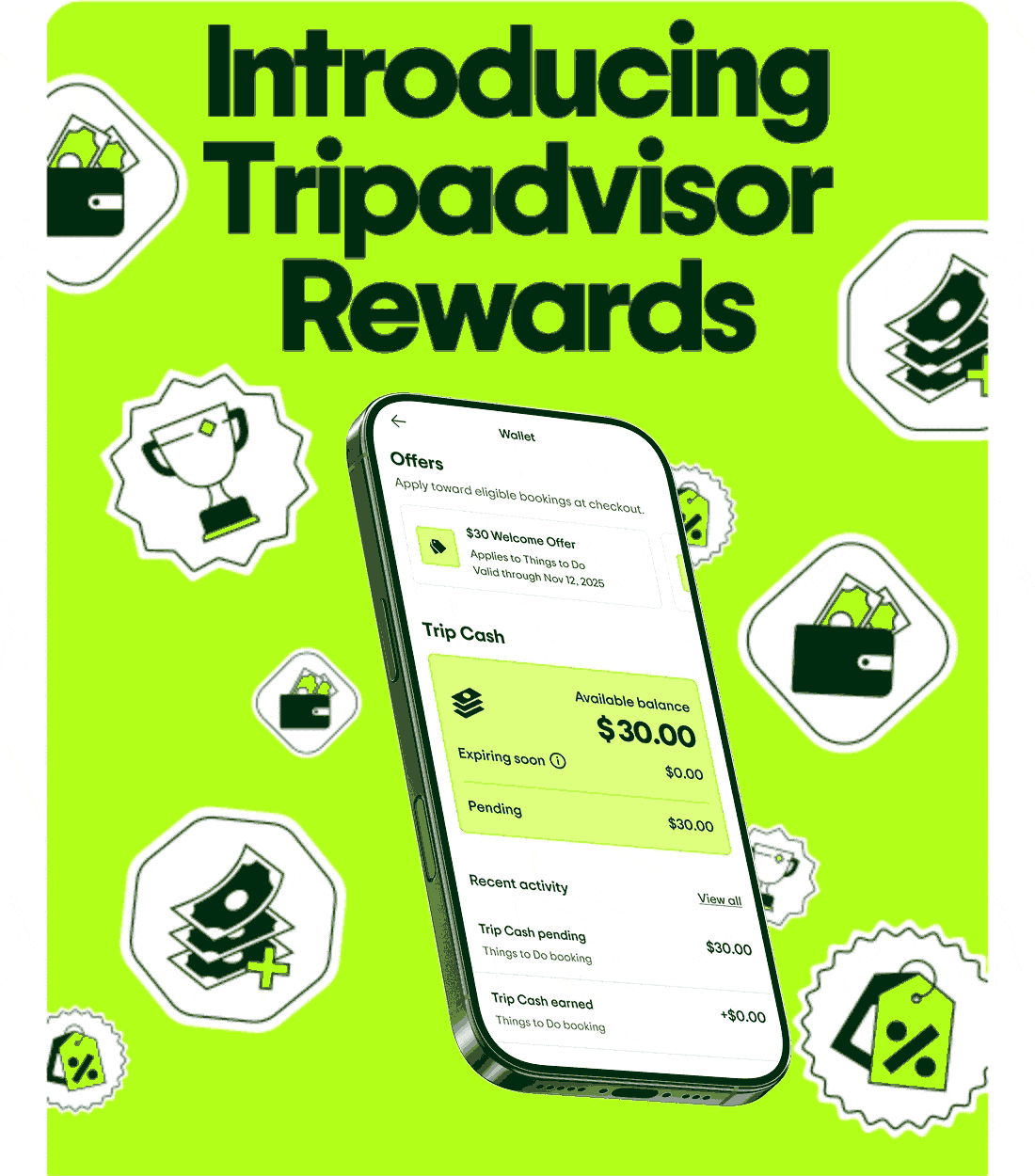 Introducing Tripadvisor Rewards. Image Description: Gif with a phone bobbing slowly up and down and multiple rewards icon stickers popping out in the background. The phone screen shows a member’s Trip Cash account.