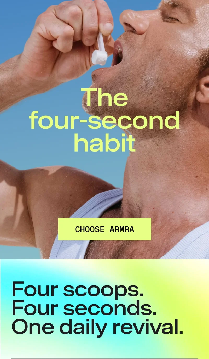 Man dry-scooping ARMRA colostrum with text “The four-second habit”