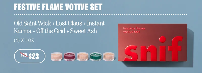 festive flame votive set: Old Saint Wick + Lost Claus + Instant Karma + Off the Grid + Sweet Ash