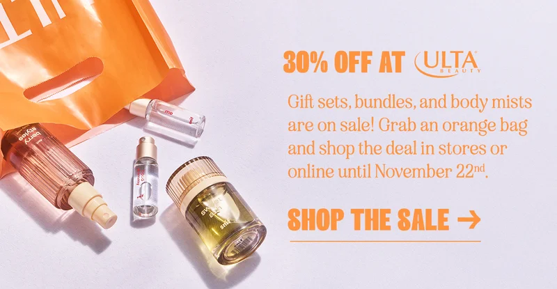 30% off at Ulta Beauty: Gift sets, bundles, and body mists are on sale! Grab an orange bag and shop the deal in stores or online until November 22nd.