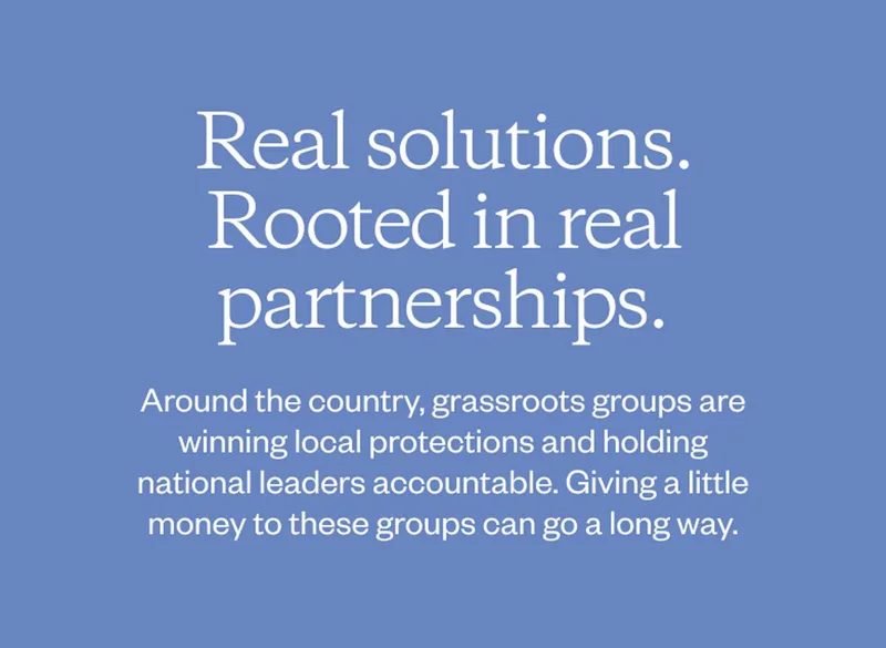 Real solutions rooted in partnerships. Around the country, grassroots groups are winning local protections and holding national leaders accountable. Giving a little money to these groups can go a long way.