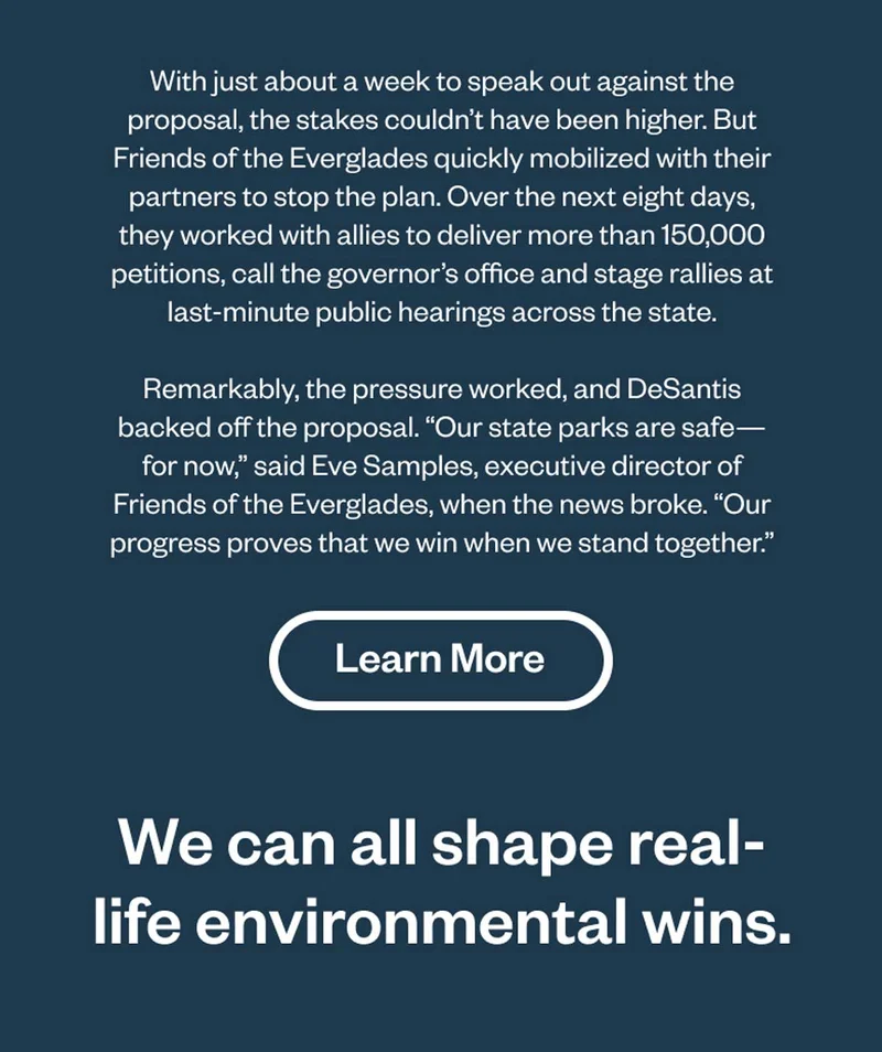 Environmental Win. Friends of the Everglades. Learn More.