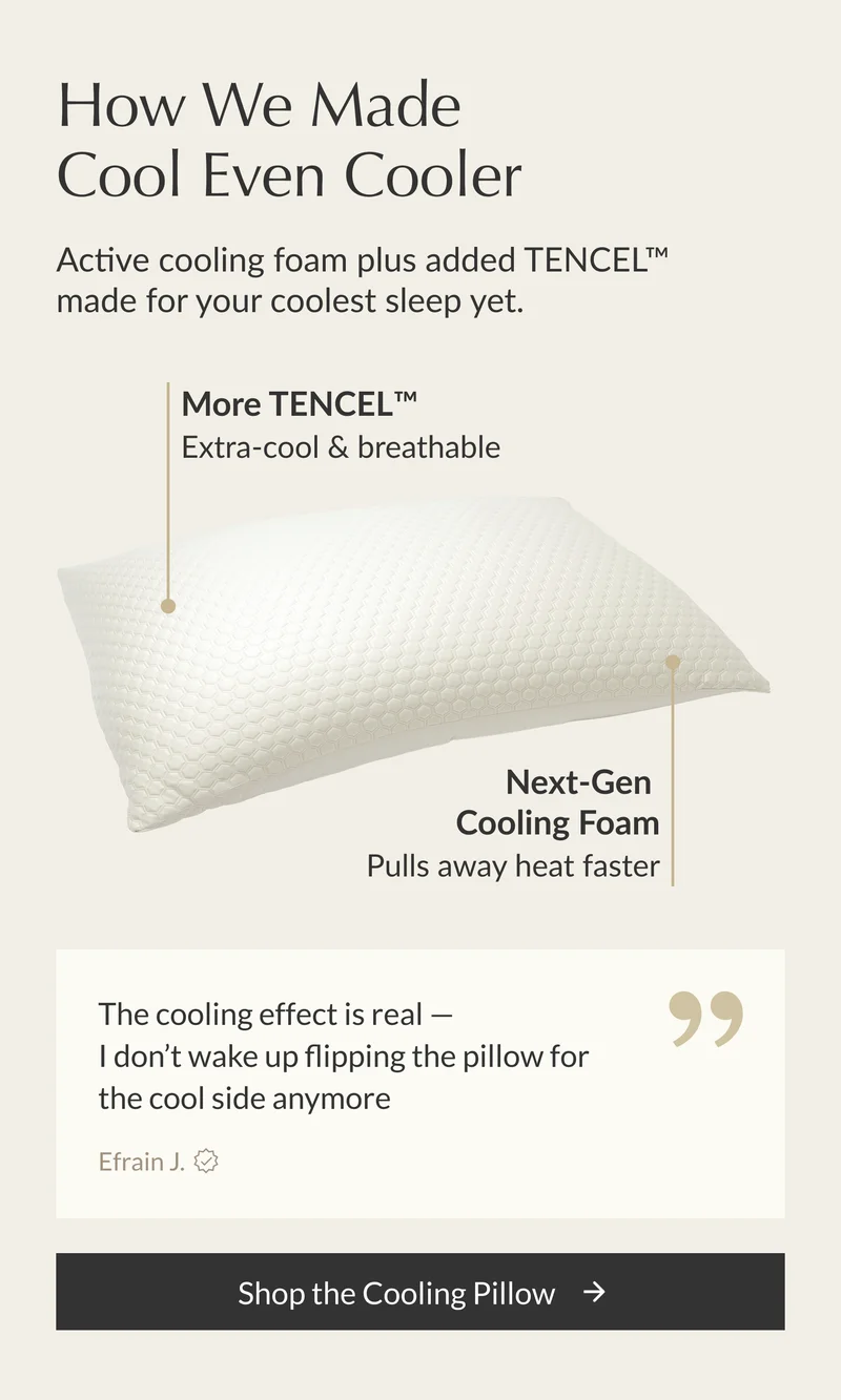 Buffy Cloud Cooling Pillow with active cooling foam and TENCEL™ cover for cool, breathable, all-night comfort.