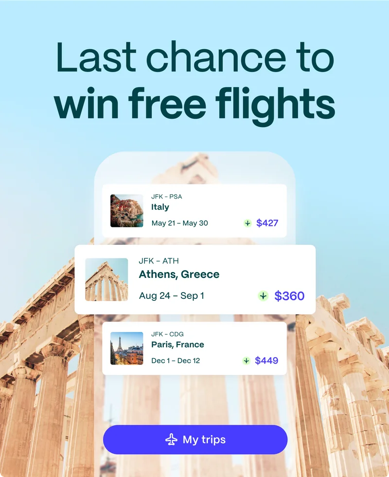 Last chance to win free flights. Go to My trips.