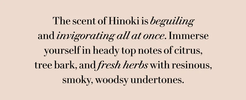 The scent of Hinoki is beguiling  and invigorating all at once. Immerse  yourself in heady top notes of citrus,  tree bark, and fresh herbs with resinous, smoky, woodsy undertones.