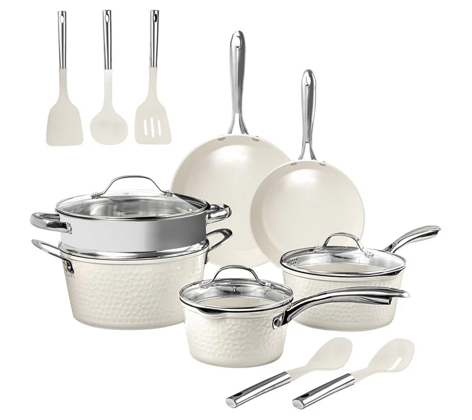 Gotham Steel Hammered Cream 15 Piece Cookware and Utensil Set