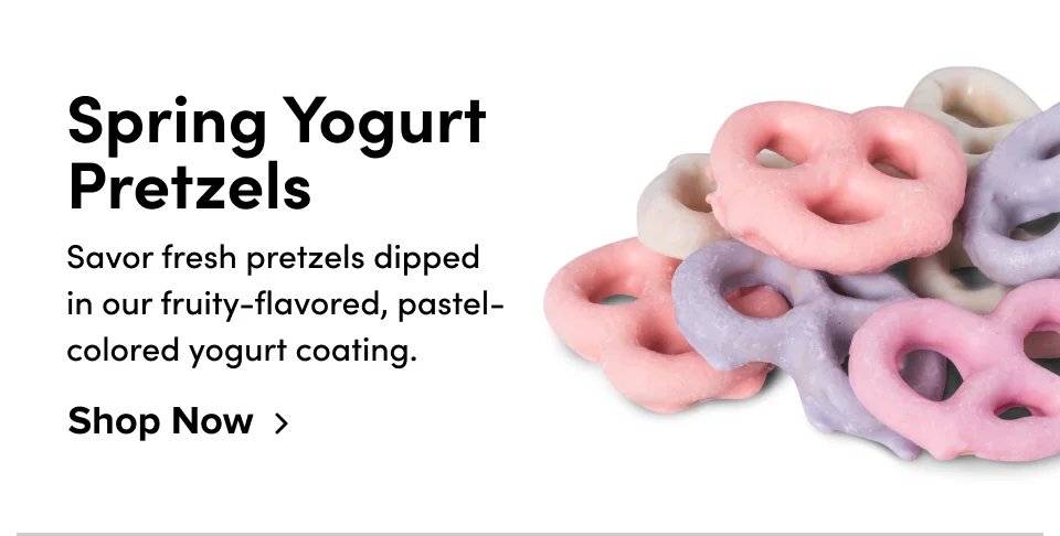 Spring Yogurt Pretzels Savor fresh pretzels dipped  in our fruity-flavored, pastel-colored yogurt coating. Shop Now