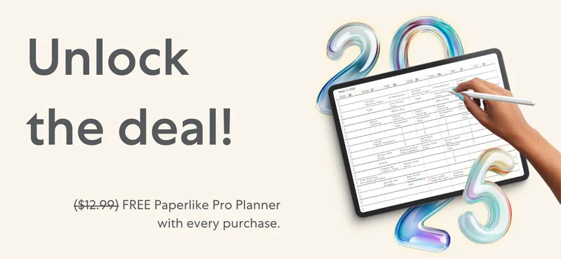 Pro Planner screenshot with title "Unlock the deal! Free Paperlike Pro Planner with every purchase"