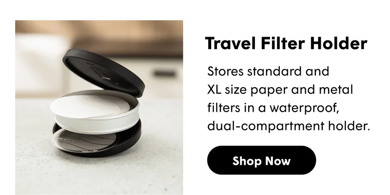 Travel Filter Holder Stores standard and  XL size paper and metal filters in a waterproof,  dual-compartment holder. [SHOP NOW]