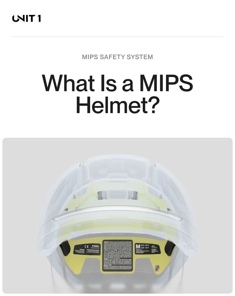 Top-down view of a UNIT 1 helmet showing the inner yellow MIPS layer, with headline: 'What Is a MIPS Helmet?