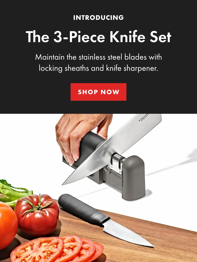 INTRODUCING The 3-Piece Knife Set. Maintain the stainless steel blades with locking sheaths and knife sharpener. | Shop Now