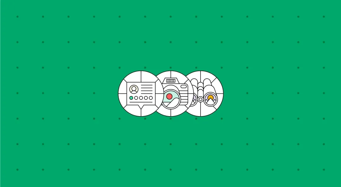 Image Description: An illustration of a review with green bubbles, a camera, and binoculars. Overlapping images of people, hotels, and restaurants appear in the background as the icons change colors.