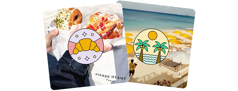 Image Description: An image of a person holding two pastries and a beach with umbrellas. An illustration of a croissant and two palm trees are on the images.