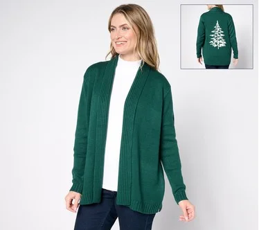 Denim & Co. Open Front Long Sleeve Placed Motif Cardigan