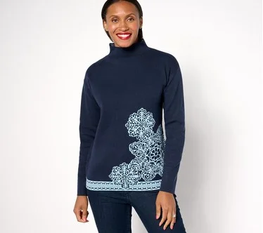 Denim & Co. Jacquard Funnel Neck Snowflake Sweater