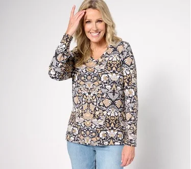 Denim & Co. Favorite Jersey Printed Long Sleeve V-Neck Top