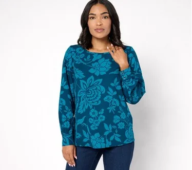 Denim & Co. Signature Scoop Neck Blouson Sleeve Printed Top