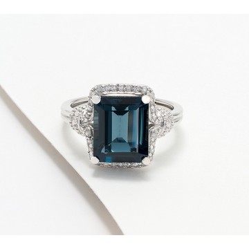 Affinity Gems London Blue Topaz & Diamond Emerald Cut Ring, Sterlings
