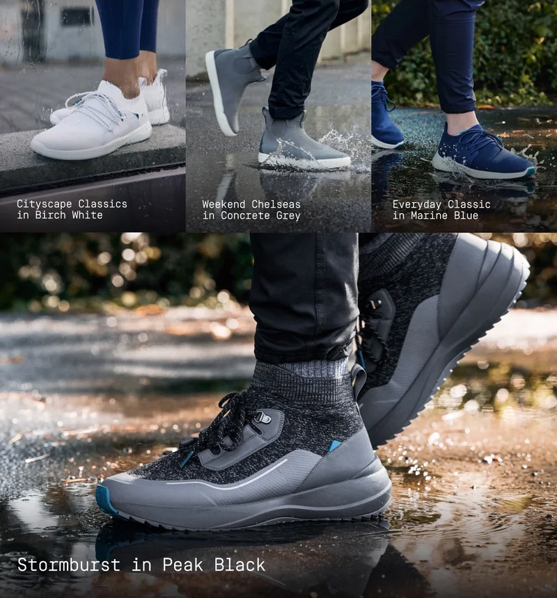 Lifestyle images of popular Vessi shoes on sale. Cityscape Classics in Birch White. Weekend Chelseas in Concrete Grey. Everyday Classics in Marine Blue. Stormbursts in Peak Black.