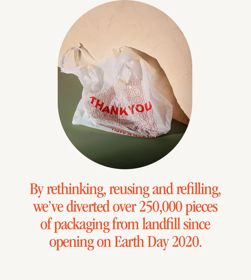 By rethinking, reusing and refilling, we’ve diverted over 100,000 itemsof packaging from landfill last year.That's around 10,000 lb of plastic.